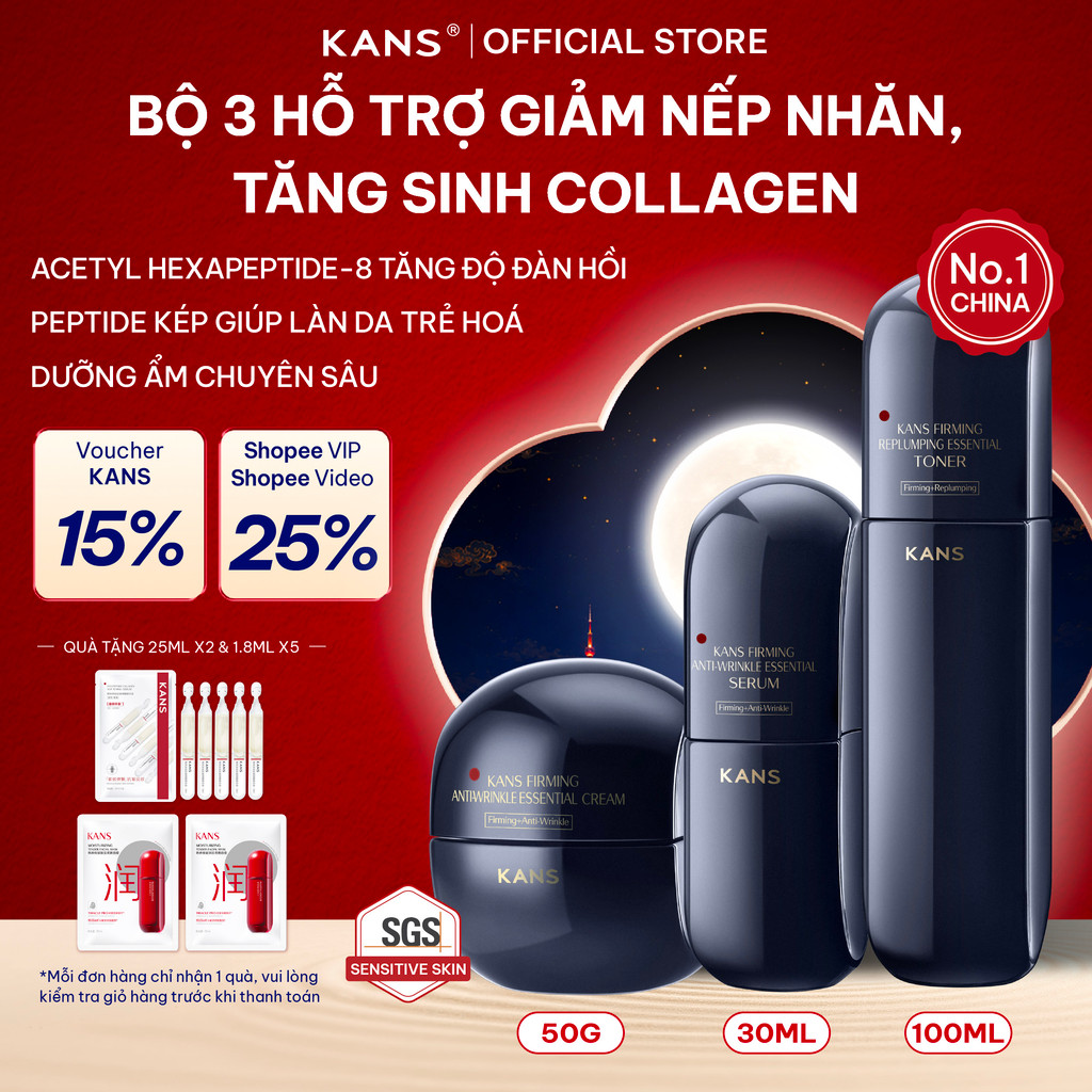 KANS Combo 3 Món Cấp Ẩm Sâu, Chống Lão Hóa Toner - Lotion - Serum 100mlx2+30ml Săn Chắc, Tăng Độ Đàn Hồi, Tăng Collagen