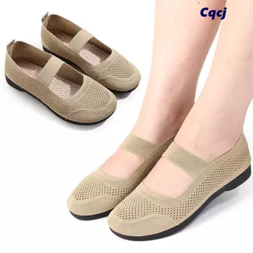 Giày đơn mũi vuông CQCJ, Giày lười có thể gập lại Giày đế bệt nữ rỗng, Giày đế mềm mùa hè Giày lưới thoáng khí cho mẹ dành cho nữ