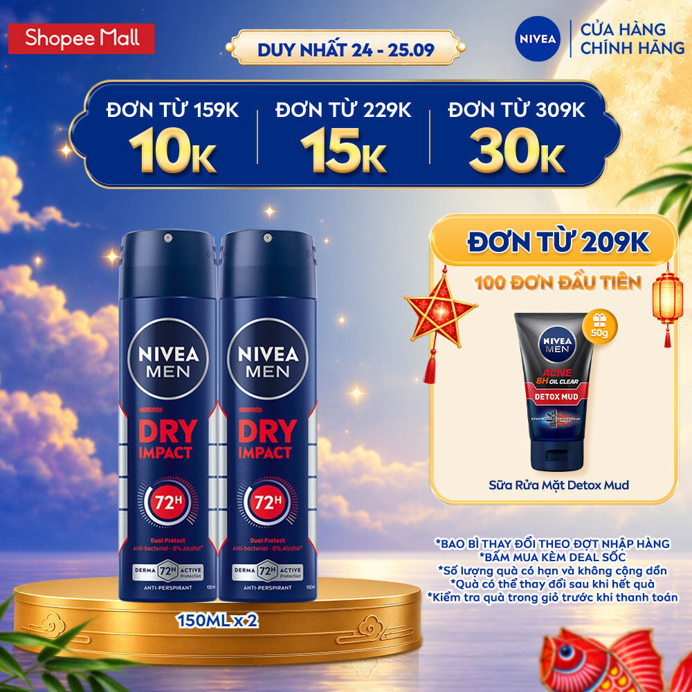 Combo 2 Xịt Khử Mùi Nam NIVEA MEN 150ml Ngăn Mồ Hôi, Khô Thoáng - Silver Protect/Cool Kick/Dry Impact