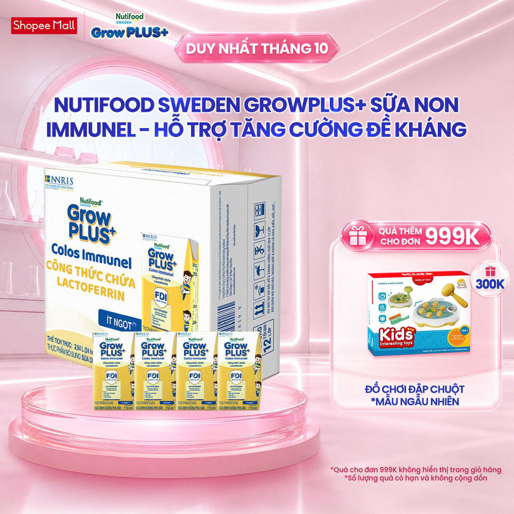 Thùng 24 hộp Sữa Bột Pha Sẵn Nutifood Sweden GrowPLUS+ Sữa Non Immunel (24 hộp x 110 ml) (Bao bì tuỳ lô hàng)