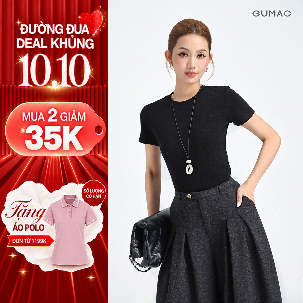[NHẬP MÃ AFFOLA GIẢM 49K] Áo Thun Nữ Baby Tee GUMAC Áo Phông Nữ Form Ôm Cổ Tròn Chất Thun Gân Co Giãn Tôn Dáng LATE0602