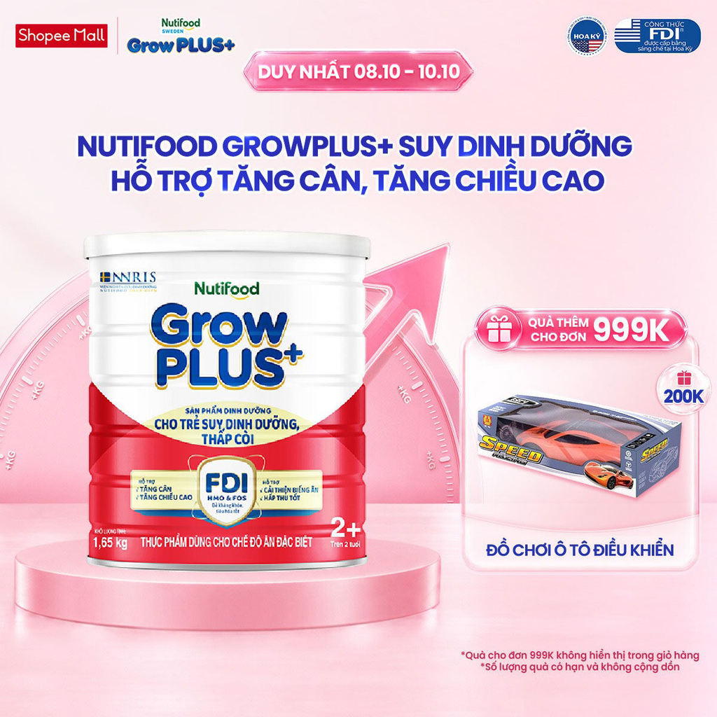 Sữa bột Nutifood GrowPLUS+ Suy Dinh Dưỡng (Đỏ) 2+ Tăng Cân, Tăng Chiều Cao (Lon 1,65 Kg)