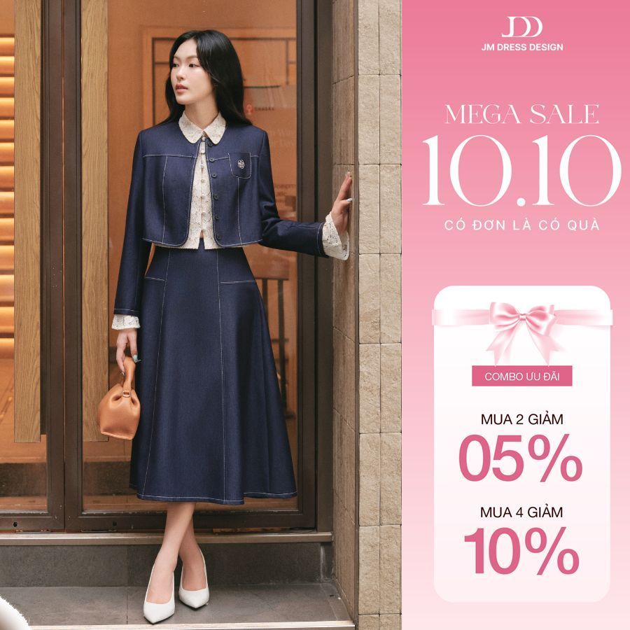 Set Đồ Nữ Áo Jean Blazer Dáng Suông Croptop Cổ Tròn 5B03.2608, Chân Váy Dài Dáng Đổ Jean 4L16.2608 Thanh Lịch Nữ Tính JM