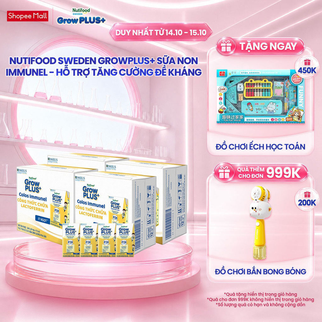 Combo 4 Thùng 24 hộp Sữa Bột Pha Sẵn Nutifood Sweden GrowPLUS+ Sữa Non Immunel hộp 110 ml (Bao bì tuỳ lô hàng)