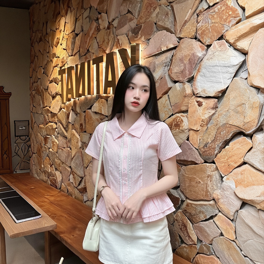 Áo Sơ Mi Nữ BABEE Tay Ngắn Kiểu Bèo Viền Ren 2 Tầng Xinh Xắn Trẻ Trung Năng Động Cá Tính