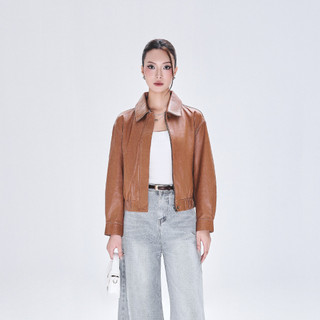 Áo da cừu nữ Collar Blouson bo da thật cao cấp FTT Leather tay khoá kéo không bong tróc nổ AN402C