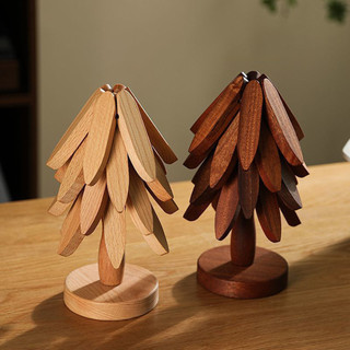 (Giao hàng tại địa phương) Thảm cách nhiệt cây thông Noel màu quả óc chó bằng tre sáng tạo để sử dụng tại nhà Bộ bàn ăn và nồi
