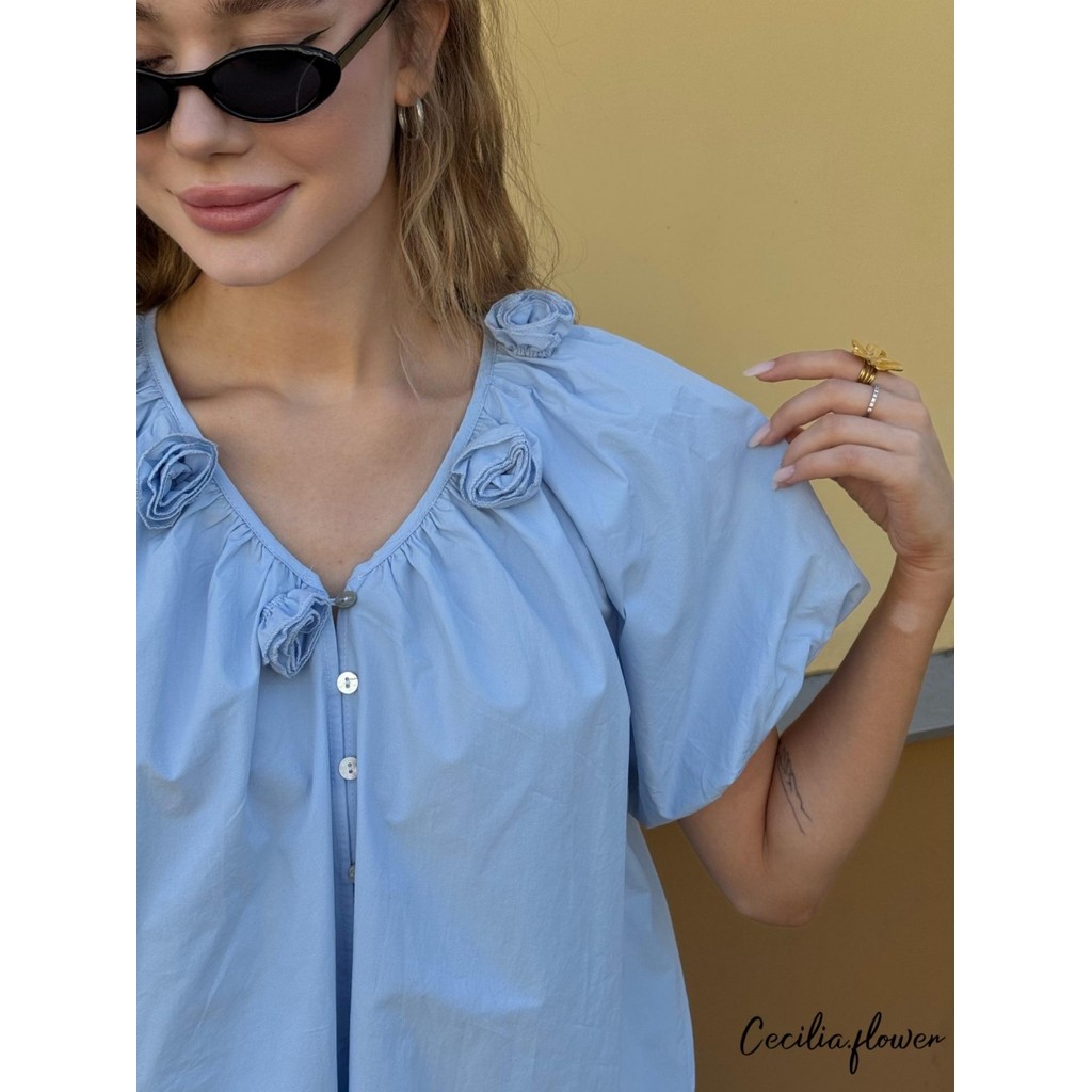 ÁoCropTop cổ chữ V phong cách Hàn Quốc, tay bồng ngắn, họa tiết hoa, dáng rộng tiện lợi cho hàng ngày