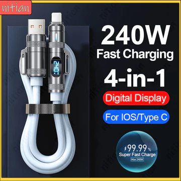 Cáp dữ liệu USB sang Type C / IOS 4 trong 1 có màn hình kỹ thuật số Cáp silicon sạc siêu nhanh 240W Dây sạc điện thoại 5A Dây sạc truyền dữ liệu Dây sạc cho điện thoại / máy tính bảng / máy tính xách 