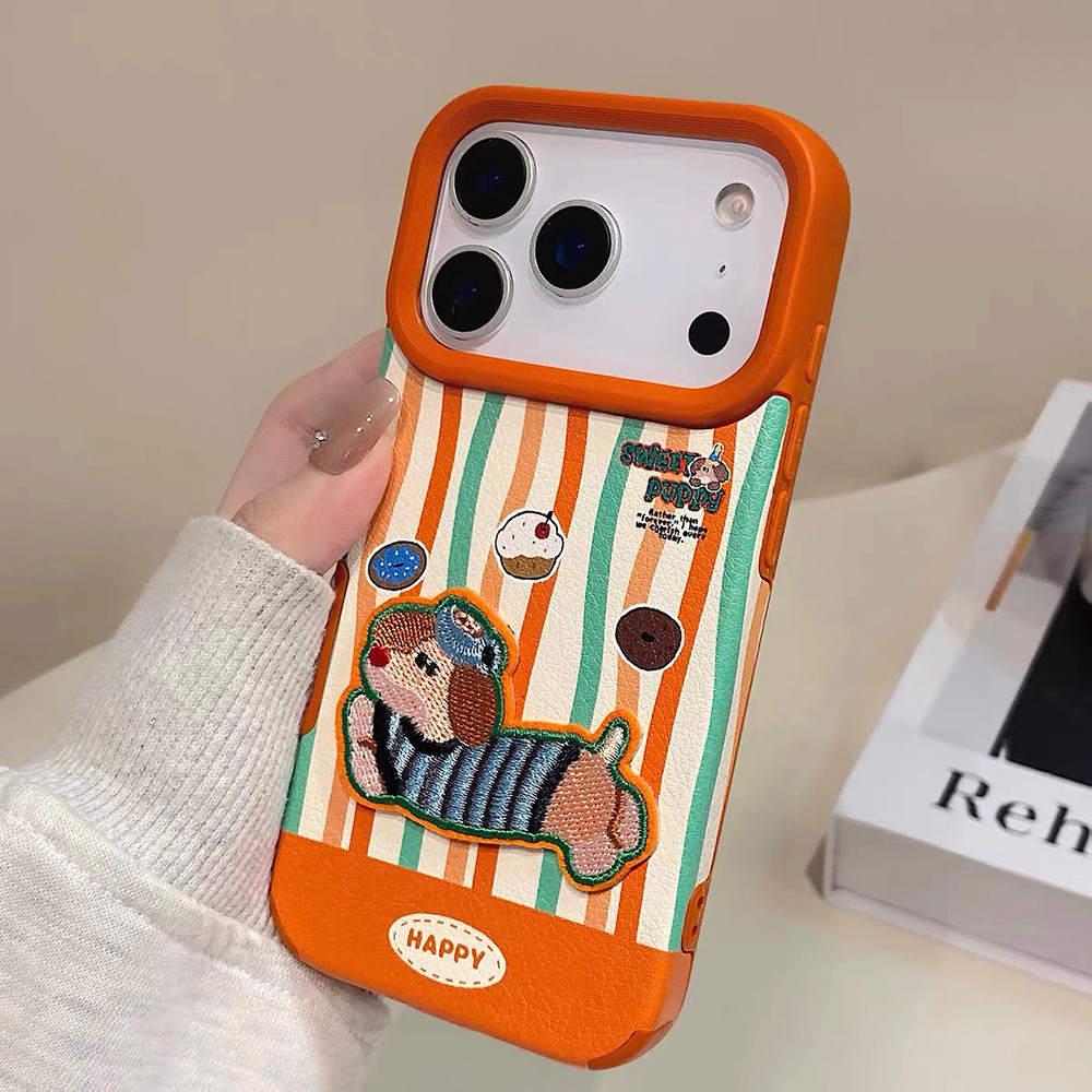 3D Thêu Chó Nhiều Màu Sắc Sọc Da Ốp Lưng Điện Thoại iPhone 17 Pro Max 16 15 14 13 12 Vỏ Bảo Vệ Chống Sốc