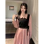 đầm xinh hồng tay dài polo nữ vintage pháp dáng dài tiệc sang trọng đầm công sở trẻ trung suông hack dáng