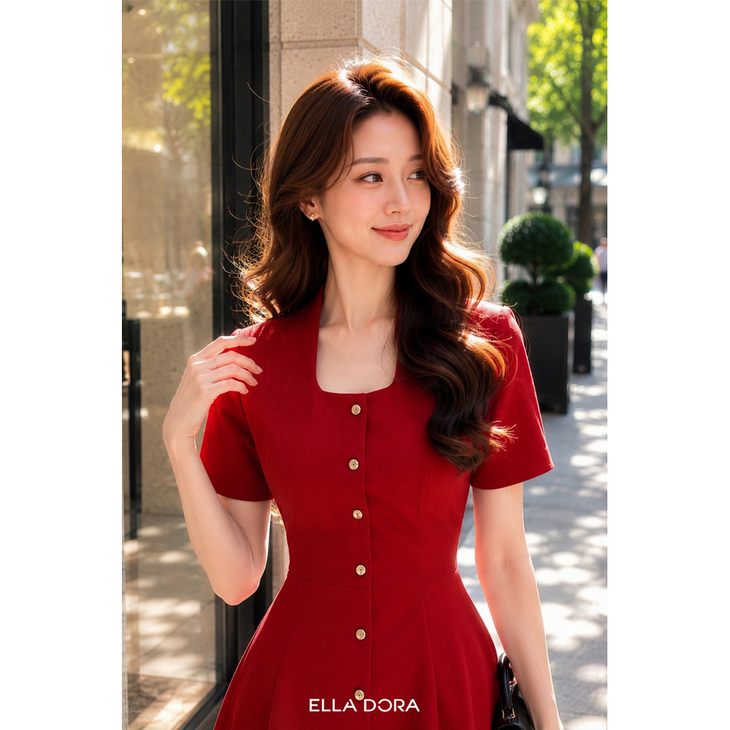Đầm mini nữ ELLA DORA cổ vuông tay ngắn phối cúc đồng thanh lịch công sở dễ mặc 2 màu ĐỎ/KEM [D312]