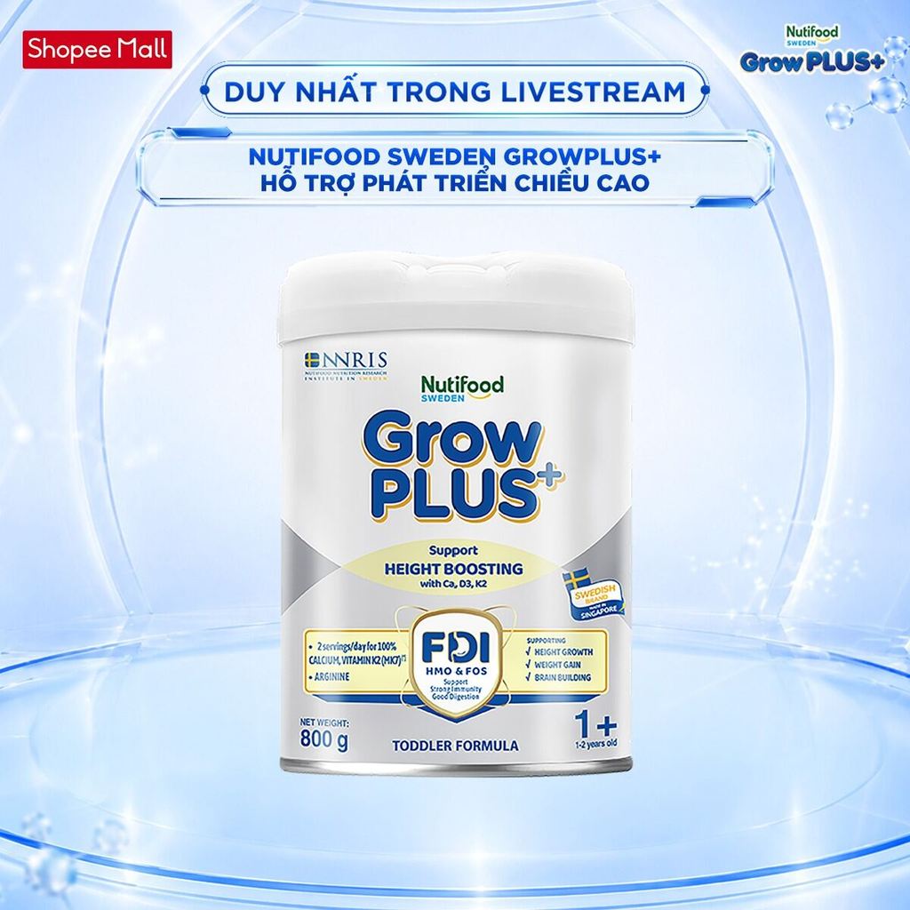 [Livestream Hannah Olala] Sữa Bột Nutifood Sweden GrowPLUS+ Cao lớn vượt trội từ 1 - 2 tuổi (Bạc) 800g
