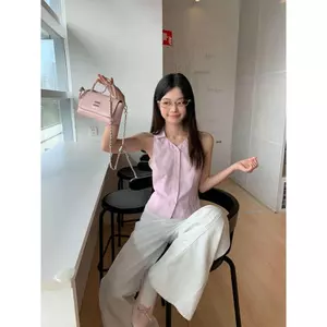Áo sơ mi Vest không tay sọc màu hồng phong cách Hàn Quốc Top nữ 2026 Áo sơ mi thiết kế mùa hè phong cách mới dành cho nữ