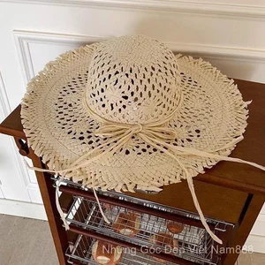 Mũ rơm kỳ nghỉ kiểu Pháp Raffia Seaside Beach Rỗng Kem chống nắng vành Tấm che nắng mùa hè Mũ chụp ảnh Tấm che nắng phù hợp