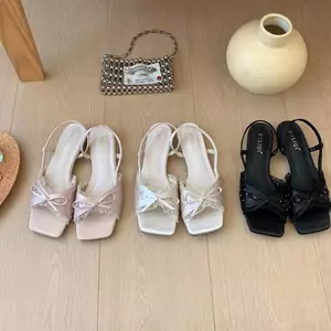 TT Nơ Thắt Nơ Đế Bằng Giày Sandal Nữ Mùa Hè Đế Bằng Nêm Gót Vuông Ngón Chân Trang Trí Ngọt Ngào Phù Hợp Với Váy Giày Sandal Sli