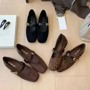 TT Da Lộn Da Báo In Mary Jane Giày Nữ Khóa Phẳng Dây Đeo Giày Đế Bằng Phù Hợp Với