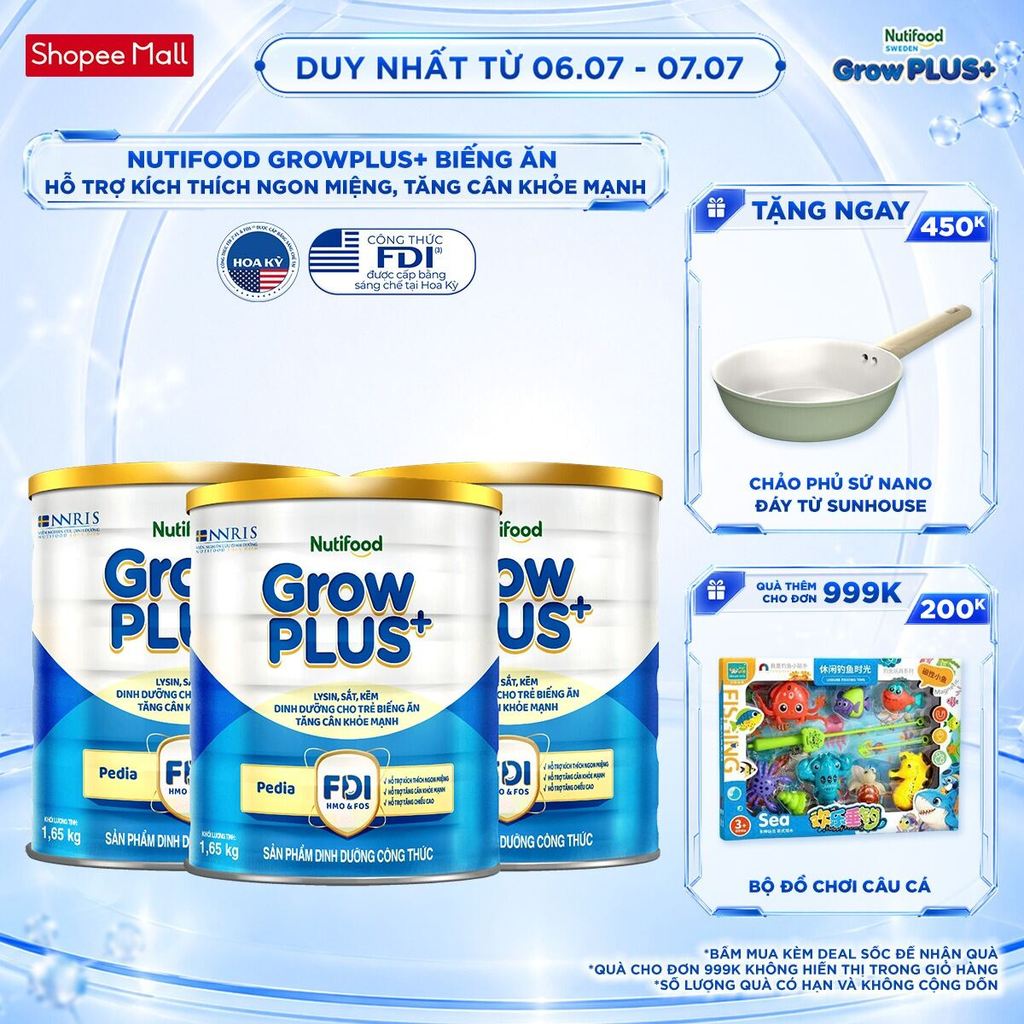 Combo 3 Sữa Bột Nutifood GrowPLUS+ Biếng Ăn (Xanh) 1+ - Tăng Cân Khỏe Mạnh (3 Lon 1,65 Kg)