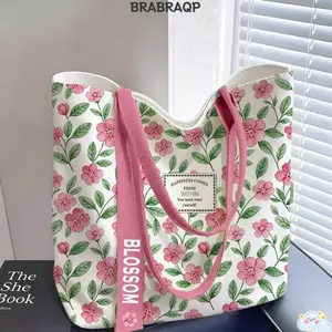 Túi Tote BRARAA, Túi Đeo Vai Đơn Canvas Dung Tích Lớn, In Hoa & Chanh Thông Thường Mở Túi Đeo Vai Mua Sắm Quà Tặng
