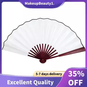 Nam Nữ Tay Cầm Gỗ Vải Gấp Tay Quạt Dài 13 inch Whtie