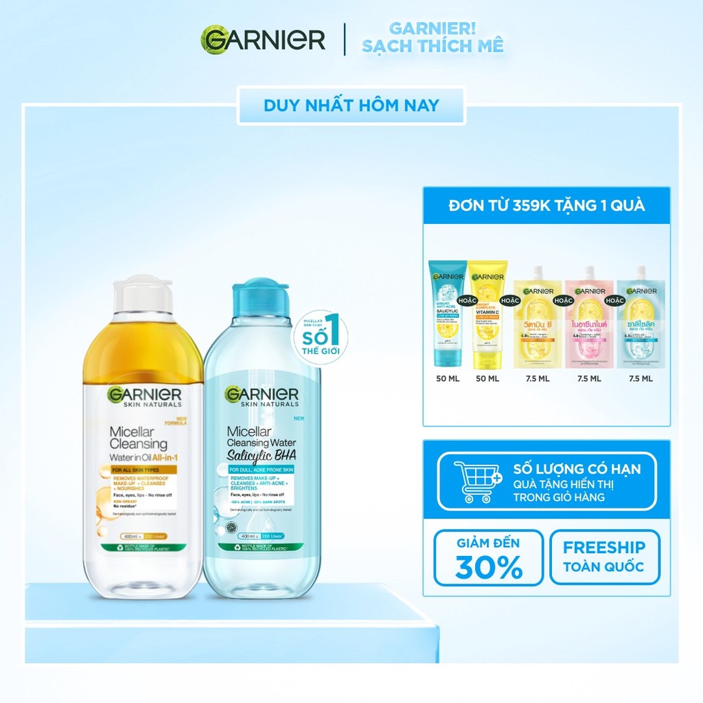 Bộ 2 Nước tẩy trang dành cho da dầu mụn & trang điểm Garnier Micellar Water (400mlX2)
