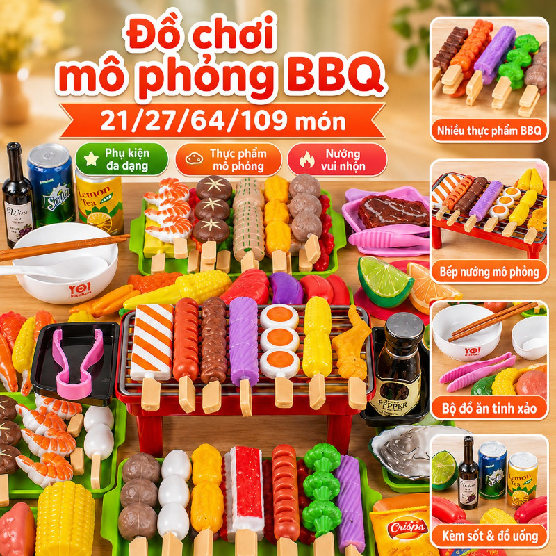 Bộ Đồ Chơi Nướng BBQ Mô Phỏng Cho Bé, Đồ Chơi Nhà Bếp Nấu Ăn 21/27/64/109 Chi Tiết,Trò Chơi Nhập Vai