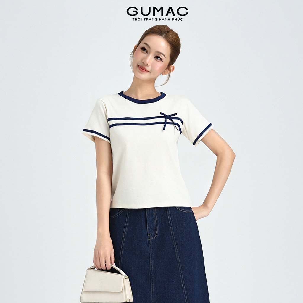 Áo Thun Nữ GUMAC Cổ Tròn Tay Ngắn Phối Dây Nơ Cách Điệu Chất Cotton Co Giãn Thoáng Mát LATF0423