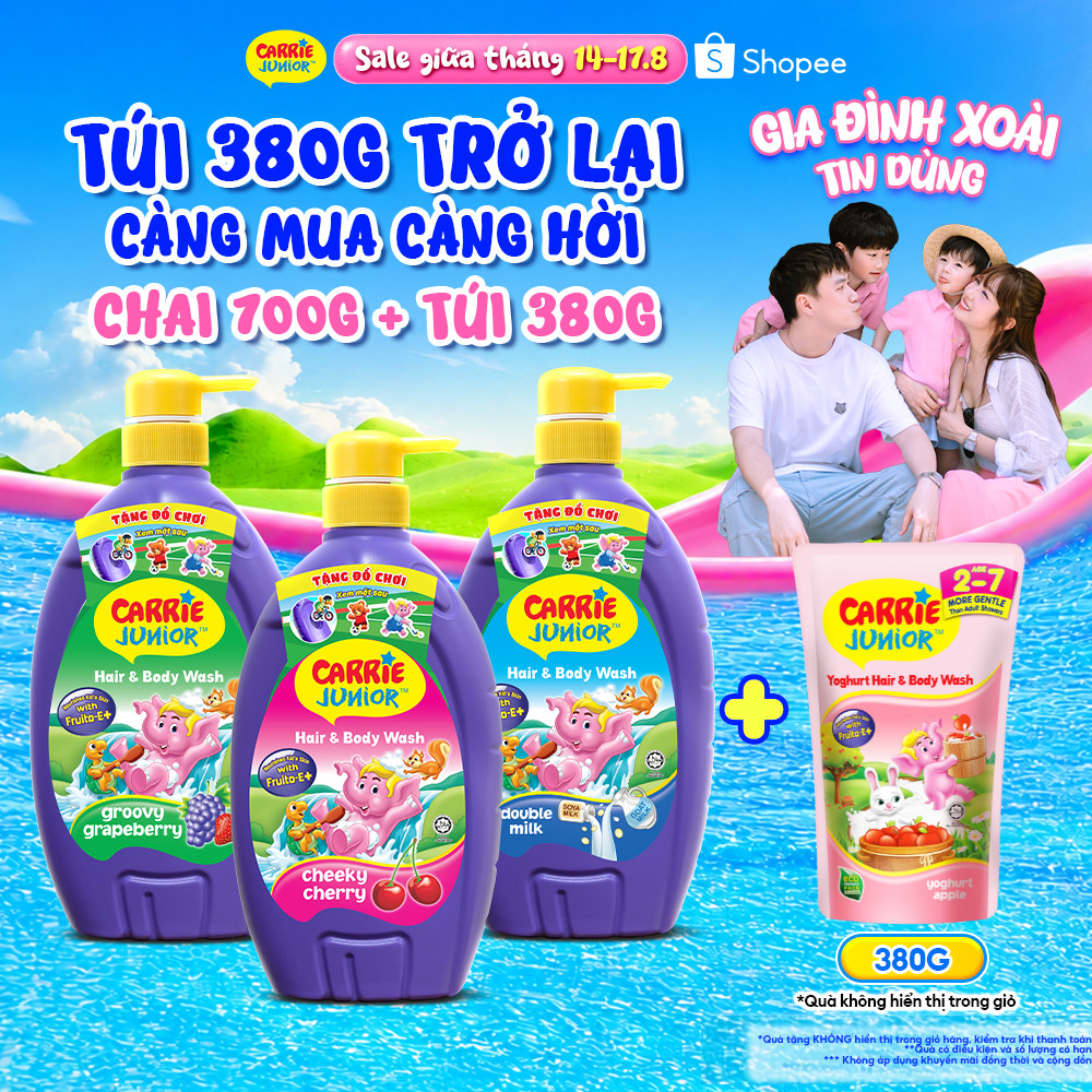 [TẶNG TÚI 380G] Sữa Tắm Gội thành phần thiên nhiên Sạch Dịu Nhẹ & ẩm mịn Cho Bé Carrie Junior 700g