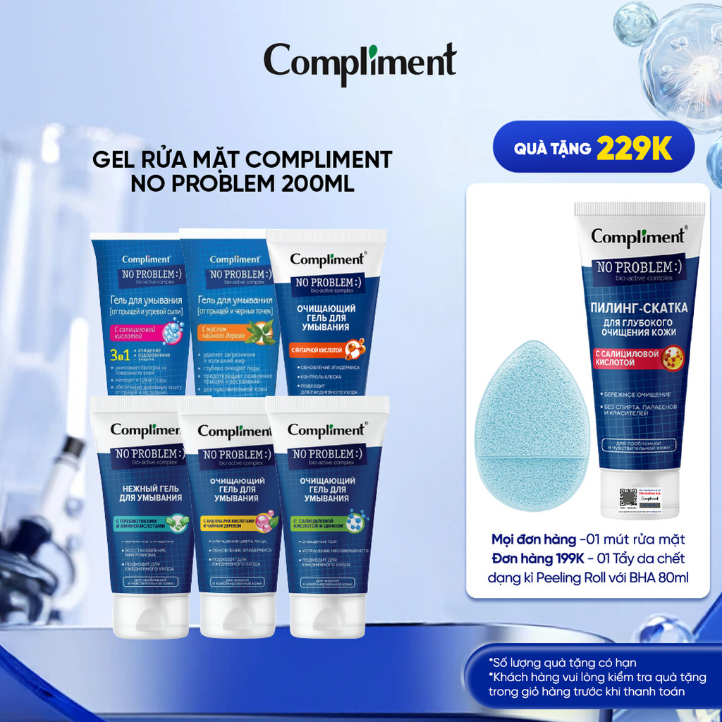 [TẶNG 1 MÚT RỬA MẶT] Sữa rửa mặt Compliment No Problem BHA làm sạch sâu, giảm viêm & ngăn ngừa mụn 200ml