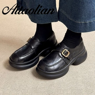 (Size 34-40) Da Thật Chính Hãng 6cm Giày Nữ Thời Trang Giày Cao Gót Tròn Phong Cách Anh Quốc Giày Nữ Đế Mềm Retro Giày Nữ Giày Lười Nữ Giày Đen