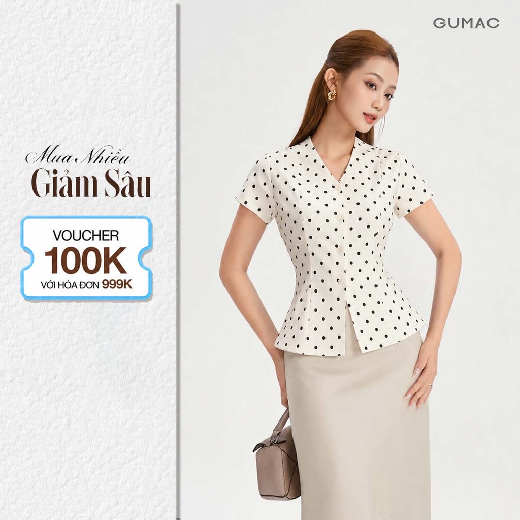 Áo Peplum Nữ GUMAC Form Ôm Cổ V Tay Ngắn Chất Poly Chấm Bi Đứng Form Đính Nút Vân Thanh Lịch LAG06044