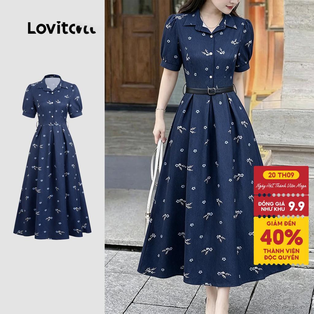 Lovito Đầm phong cách thường ngày có nút xếp ly khóa kéo mùa xuân/hè màu xanh navy cho nữ DRBR37BR184
