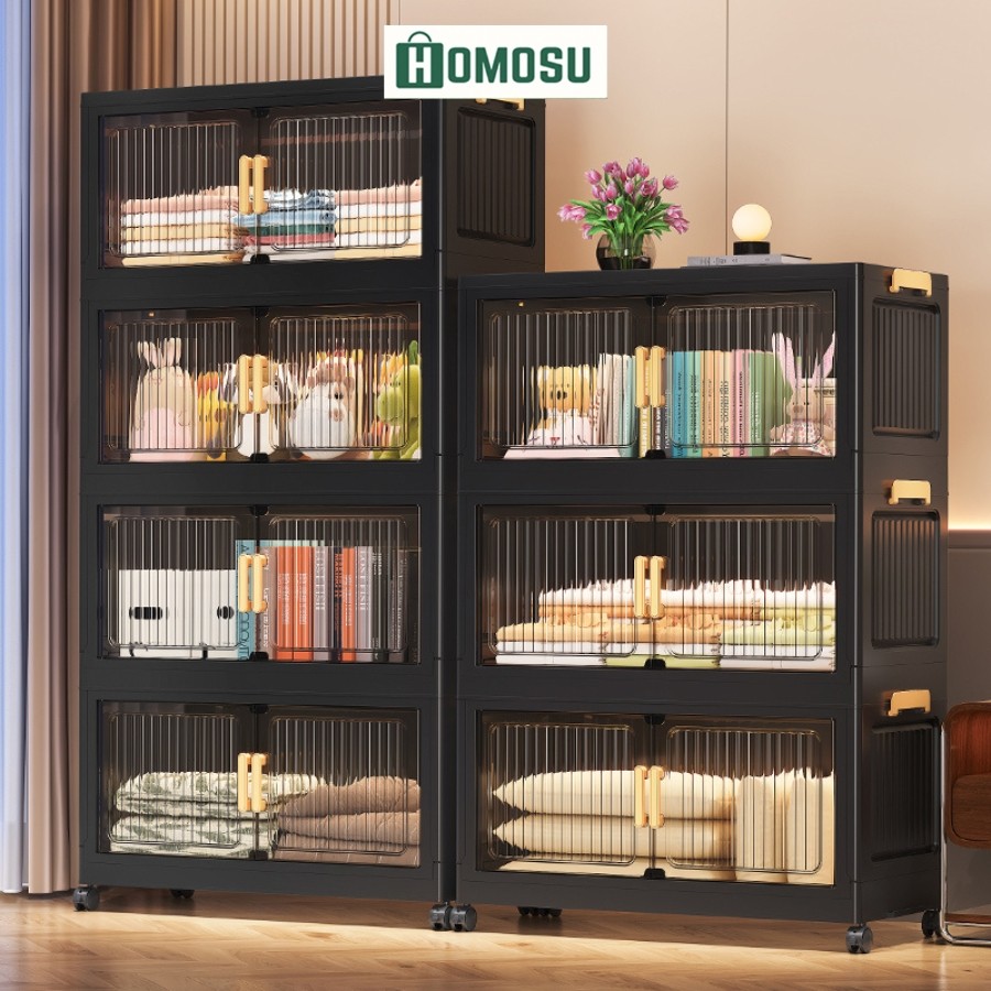 Tủ Đựng Đồ Cửa Trong Đen Hiện Đại, Tủ Nhựa Gấp Gọn Để Đồ Đa Năng Có Bánh Xe Di Chuyển 360 Độ TUN051