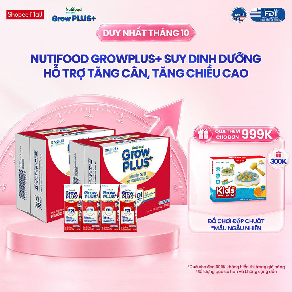 Thùng SBPS Nutifood GrowPLUS+ ít đường Suy Dinh Dưỡng - Tăng Cân, Tăng Chiều Cao (48 Hộp x 180ml) (Bao bì tùy lô hàng)