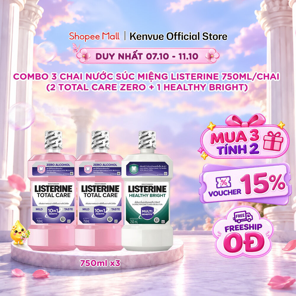 [MUA 3 TÍNH TIỀN 2] Combo 3 Nước Súc Miệng Listerine 750mlx3 (2 Total Care Zero + 1 Healthy Bright)