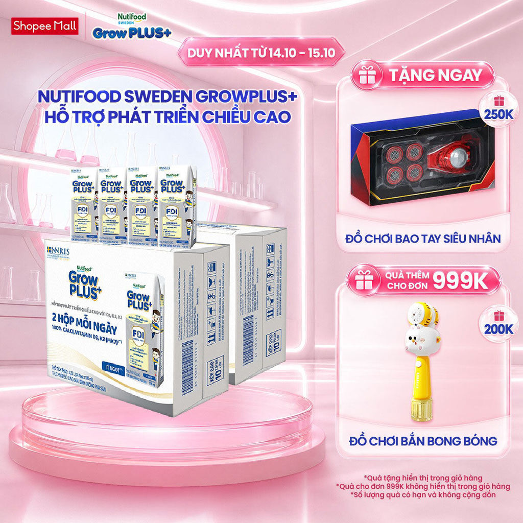 Combo 2 Thùng 24 Hộp Sữa Bột Pha Sẵn Nutifood Sweden GrowPLUS+ Cao lớn vượt trội hộp 180 ml