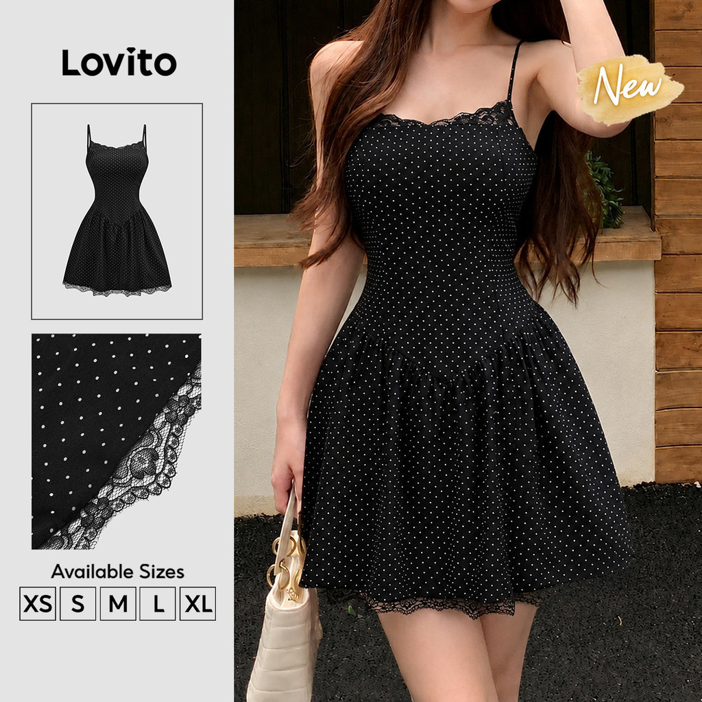 (New Arrival) Lovito Đầm đen nữ Phong cách thường ngày cổ bèo Ren dáng chữ a Mini rủ mặc cuối tuần mùa xuân hè DRB204P1D293