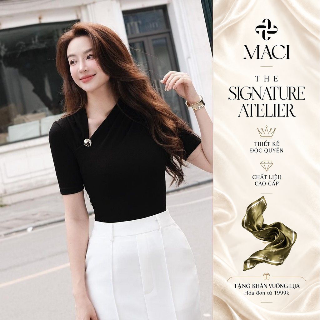 Áo Thun Đen Trắng Cổ Chéo Khuy Vàng MACI MCAATDE0081 Thời Trang Nữ Thiết Kế Độc Quyền