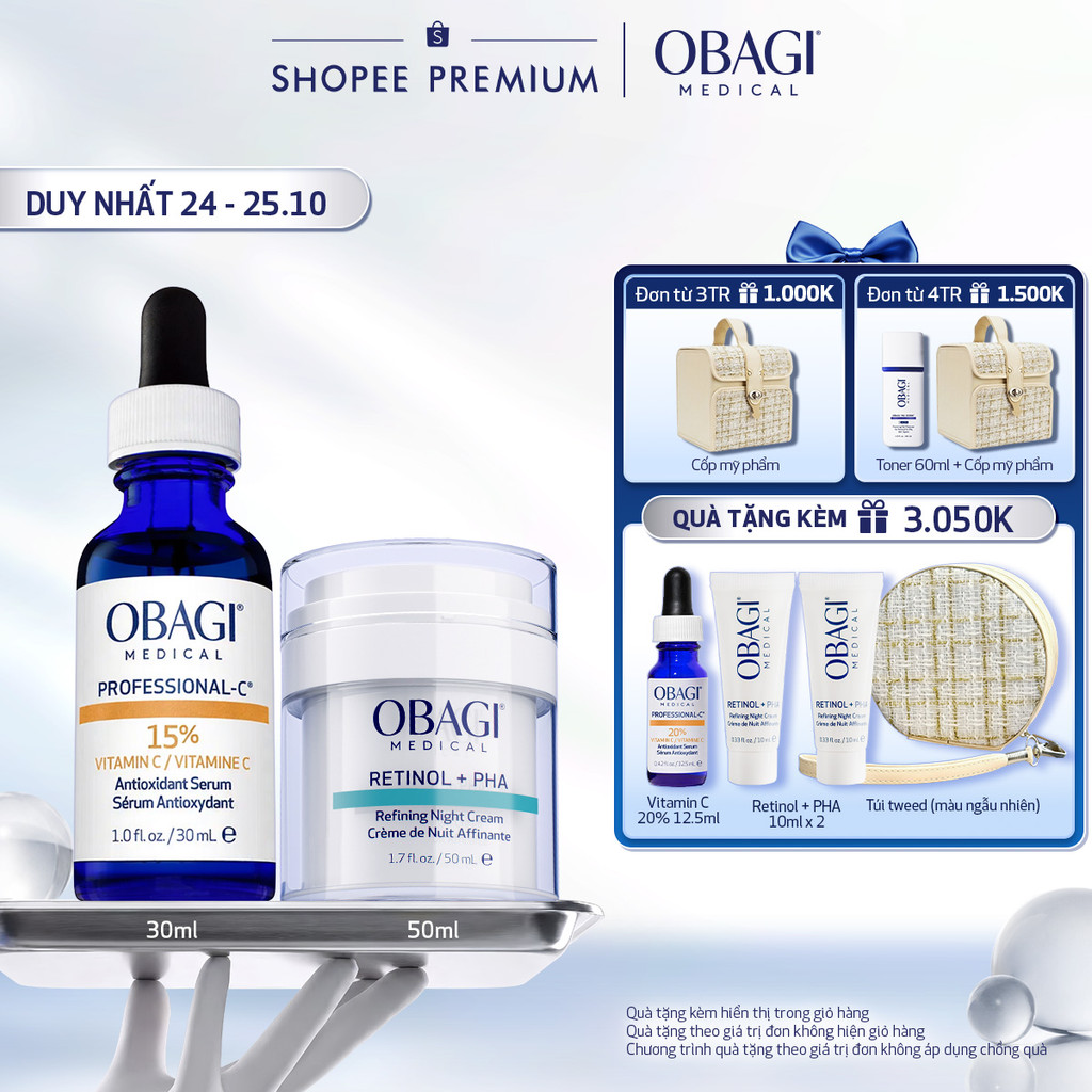 Bộ đôi Kem Dưỡng Đêm Obagi Retinol + PHA 50ml & Serum Vitamin C 15% Obagi Professional-C 30ml