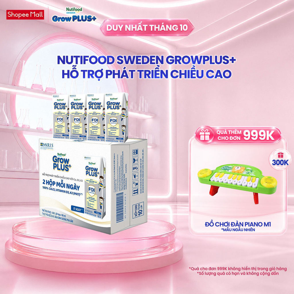 Thùng 24 hộp Sữa Bột Pha Sẵn Nutifood Sweden GrowPLUS+ Cao lớn vượt trội hộp 180 ml