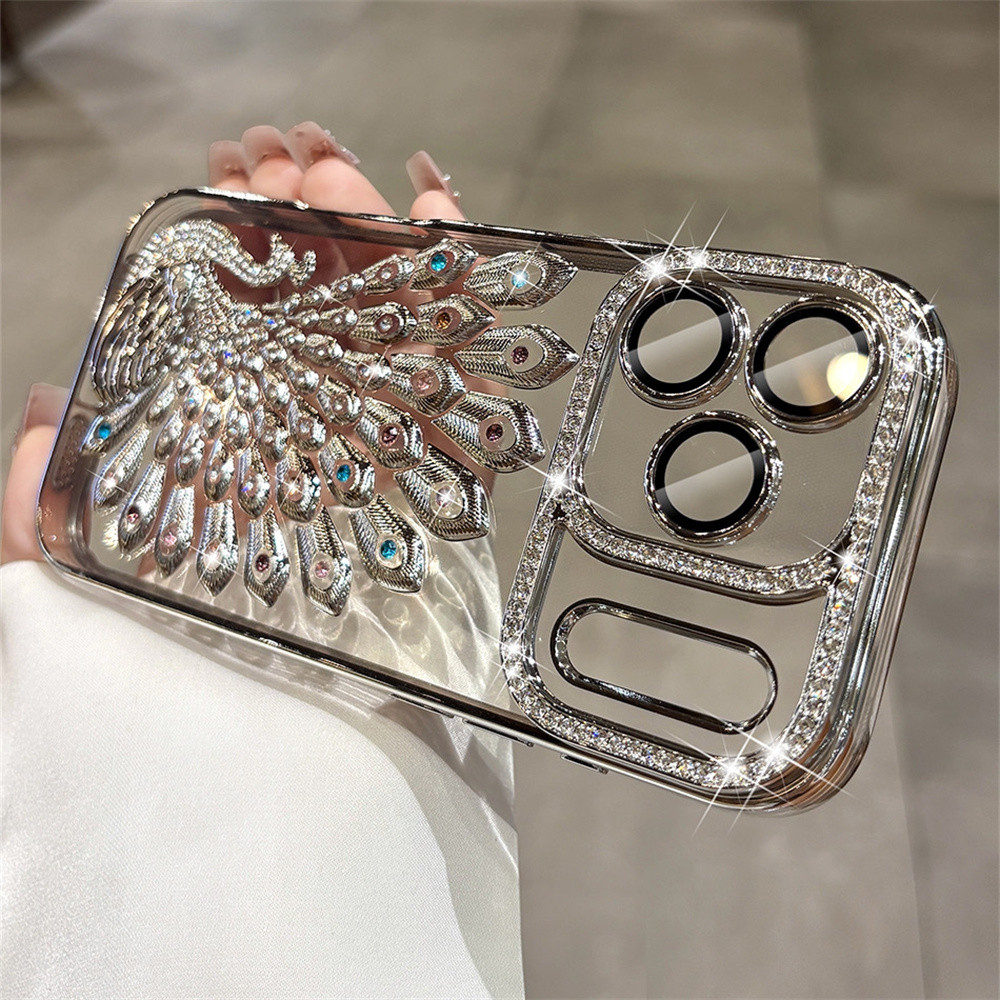 Ốp điện thoại hình con công Flash Diamond 3D cho iPhone 17 Pro Max 16 13 14 15 Pro Max Air 15 16 plus Phim bảo vệ gương chống rơi Vỏ mềm TPU vỏ bảo vệ điện thoại