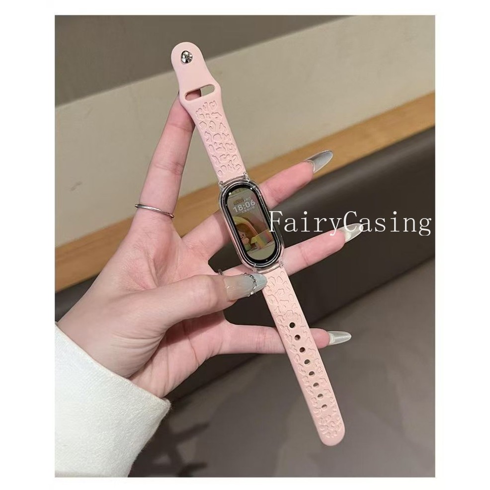 Ốp Lưng Trong Suốt + Dây In Da Báo Cho Xiaomi Mi Band 8 9 10 Vòng Tay Silicon Chống Thấm Nước Cho Mi Band 9 10Ceramic Phiên Bản Dây Đeo