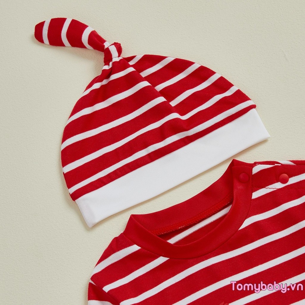 Áo liền quần sọc Giáng sinh cho bé Bộ áo liền quần dài tay in hình ông già Noel thời trang + Mũ