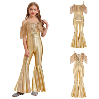 Yhong Trẻ Em Bé Gái Thời Trang Spaghetti Dây Đeo Không Tay Lấp Lánh Kim Sa Lấp Lánh Tua Rua Shinny Cao Cấp loe Áo liền quần Cuộc Thi Làm Đẹp Trang Phục Cho Tiệc Câu Lạc Bộ Cuộc Thi