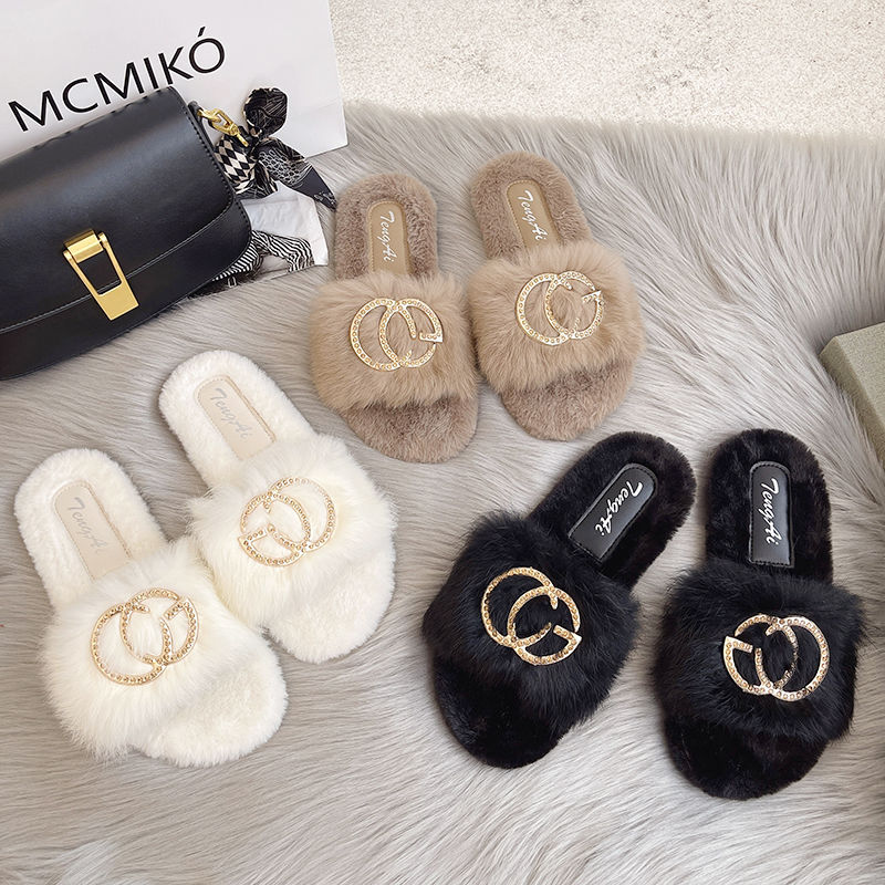 Dép Lông Thỏ Thật Nữ Mặc Ngoài Siêu Thu Đông Phù Hợp Với Giày Cotton Cổ Tích Phẳng Hợp Thời Trang.20251018