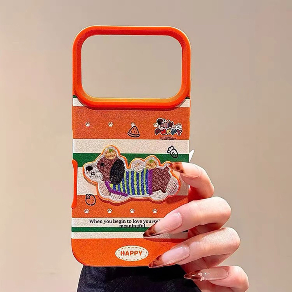 3D Thêu Chó Nhiều Màu Sắc Sọc Da Ốp Lưng Điện Thoại iPhone 17 Pro Max 16 15 14 13 12 Vỏ Bảo Vệ Chống Sốc
