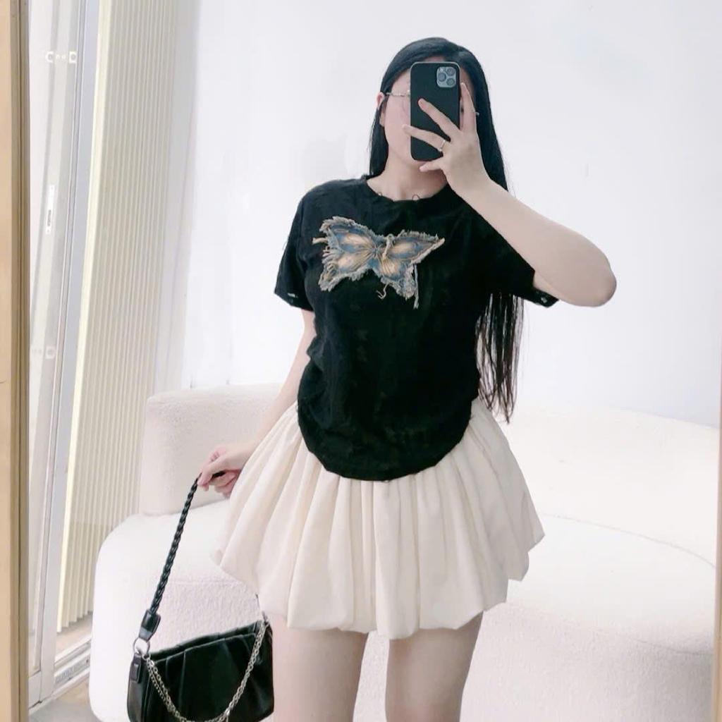 Set Bộ Bigsize Nữ Áo Thun Co Giãn Nhún Eo Đính Họa Tiết Chân Váy Bí Bồng Bềnh Có Quần Bảo Hộ SET919