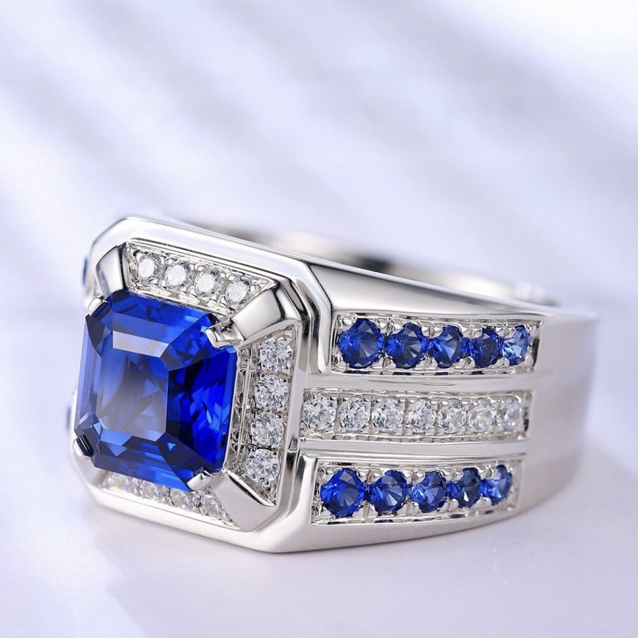 Nhẫn Kim Cương Zircon Hợp Kim Bạc Phong Cách Kẻ Sọc Xanh Vuông