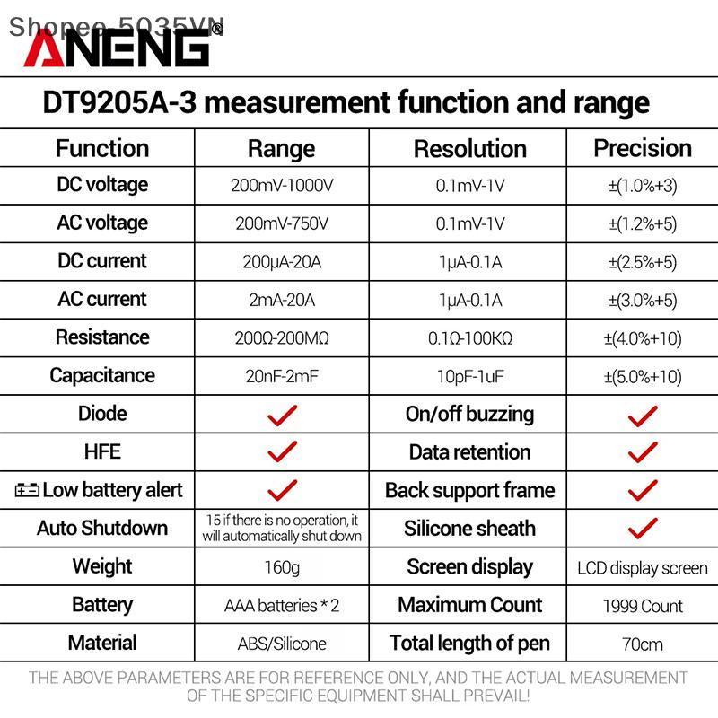 {AKIN} DT9205A 1999 Đếm Đồng hồ vạn năng kỹ thuật số RMS Máy kiểm tra điện áp DC di động cho bàn làm việc điện tử sở thích {a}