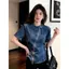 Áo sơ mi ngắn tay Denim cổ tròn màu xanh sang trọng cao cấp dành cho nữ